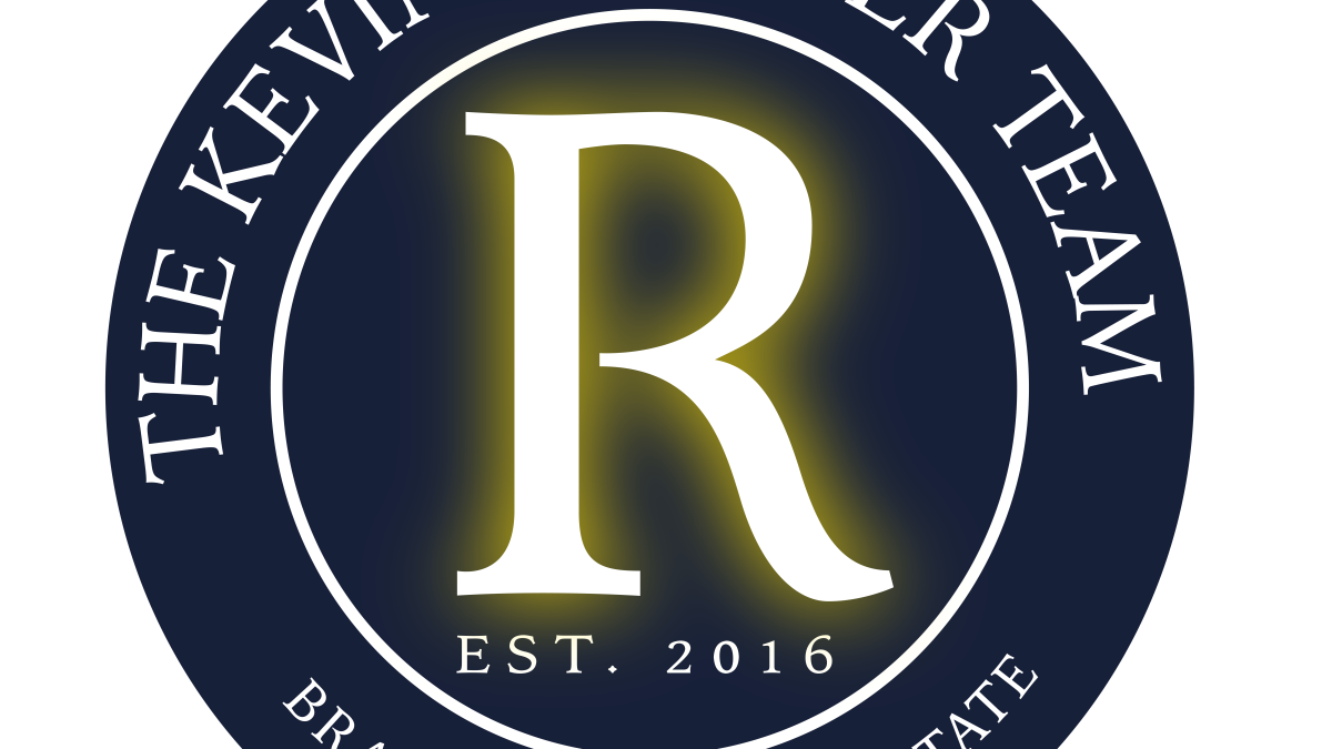 The Kevin Richter Team circular logo featuring a large white letter R with a glowing yellow outline, navy blue background, and text reading “The Kevin Richter Team, Est. 2016, BrandName Real Estate.”